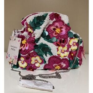 Viral Beaded Floral Clutch Purse Flower White Pink Handmade In India Chain NWT